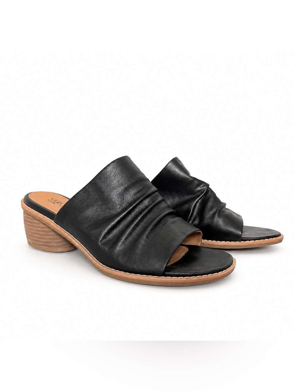 Black Ruched Leather Slide Mules with Low Stacked Heel